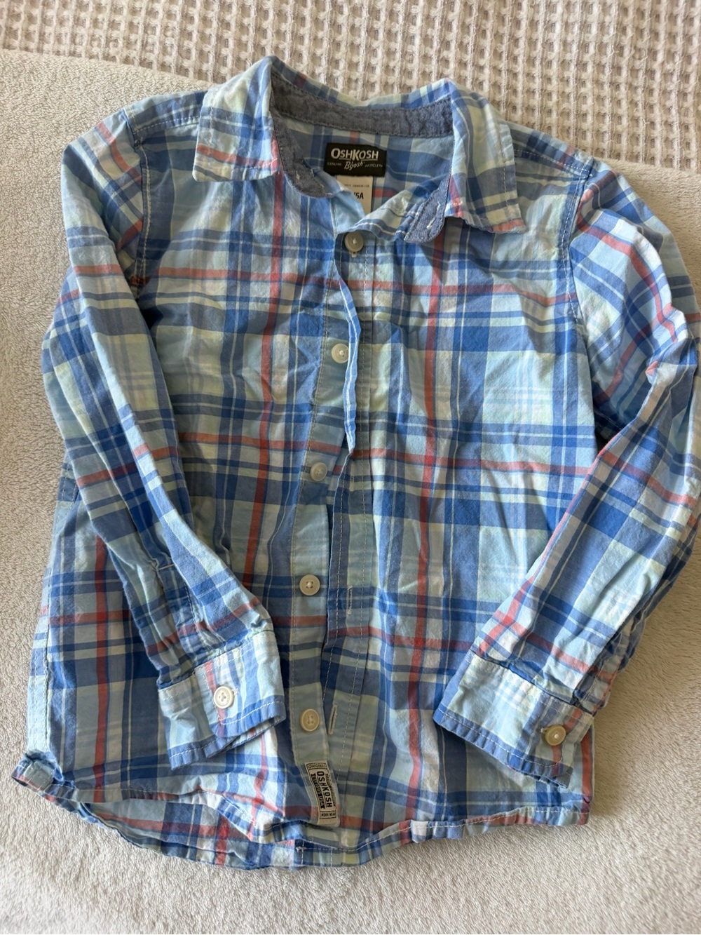 OshKosh B'gosh Blue and Light Blue Plaid Button-Down Shirt with Red Accents